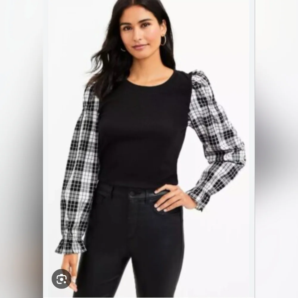 LOFT plaid Sleeve Top Blouse Small *C7 - Picture 1 of 7